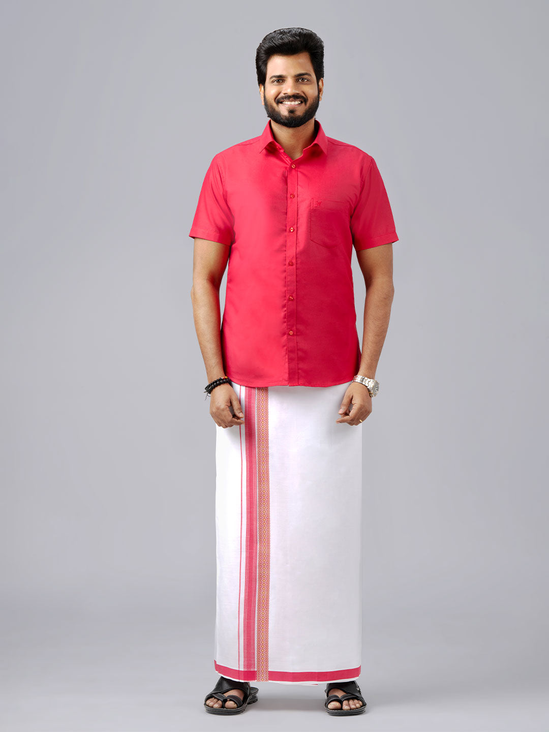 Men's Cotton Pink Matching Shirt with Fancy Printed Border Dhoti Combo Luster Trend