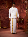 Mens Pure Cotton White Wedding Shirt Gold Jari Dhoti Towel Belt Combo - Vaibhav White
