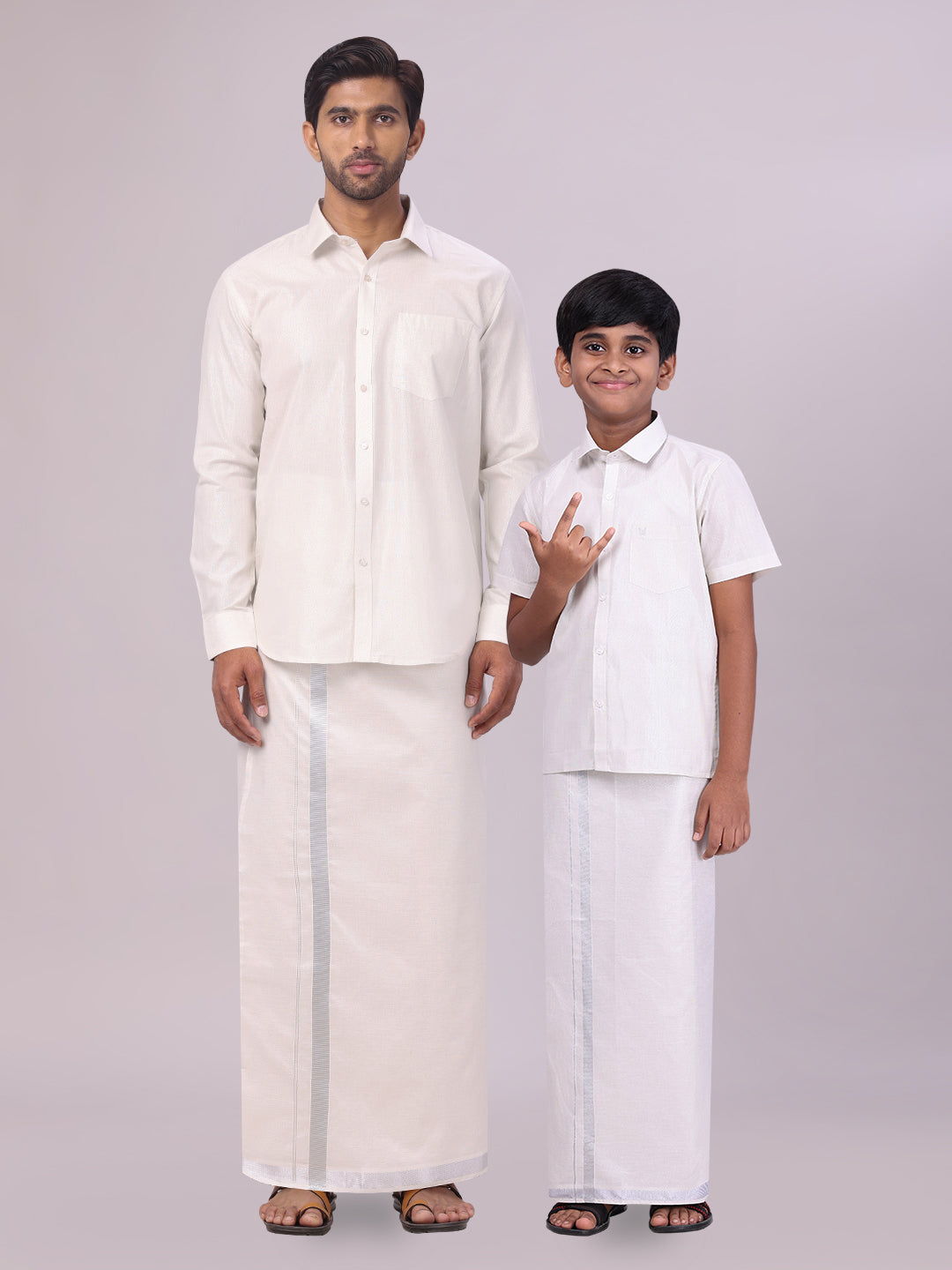 Father & Son Silver Colour Tissue Shirt with Jari Dhoti Combo