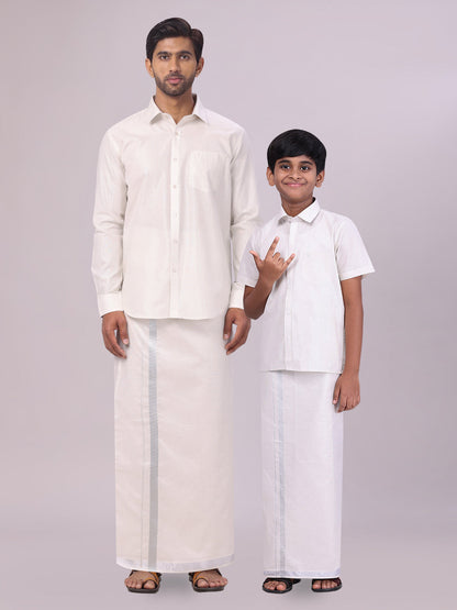 Father & Son Silver Color Tissue Shirt with Jari Dhoti Combo