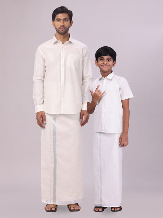 Father & Son Silver Color Tissue Shirt with Jari Dhoti Combo