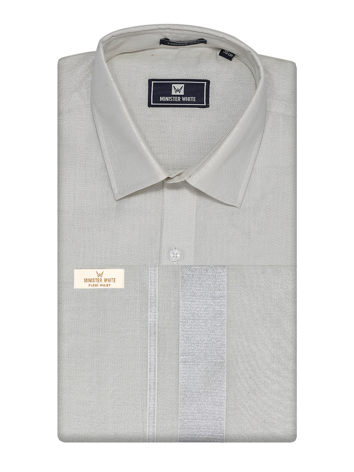 Mens Tissue Silver Colour Flexi Dhoti Shirt Wedding Combo Maverik Flexi by Minister White