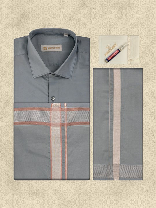 Mens Art Silk Steel Grey Full Sleeves Shirt with Gold Jari Border Dhoti & Towel Combo Blush