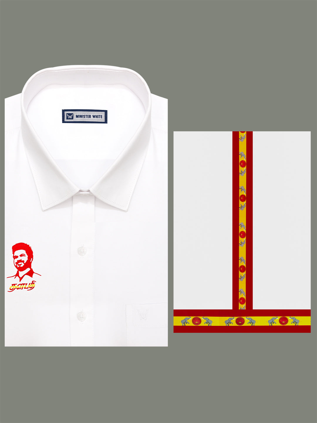 TVK Vijay Printed Men's White Blended Cotton Regular Fit Shirt & Dhoti Combo