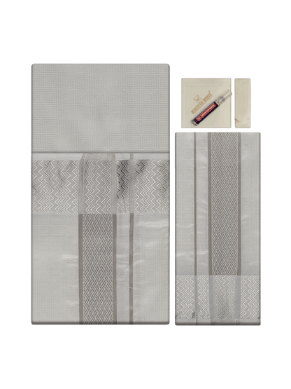 Men's Art Silk Half White Jacquard Full Sleeves Shirt with 2 1/2" Silver Jari Border & Towel Dhoti Combo Nautica