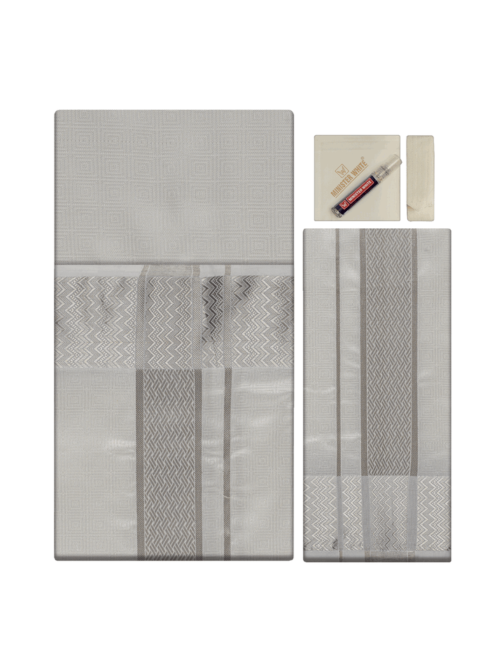 Men's Art Silk Half White Jacquard Full Sleeves Shirt with 2 1/2" Silver Jari Border & Towel Dhoti Combo Nautica