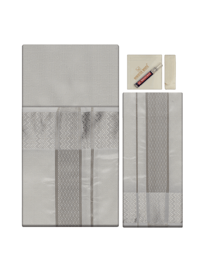 Men's Art Silk Half White Jacquard Full Sleeves Shirt with 2 1/2" Silver Jari Border & Towel Dhoti Combo Nautica
