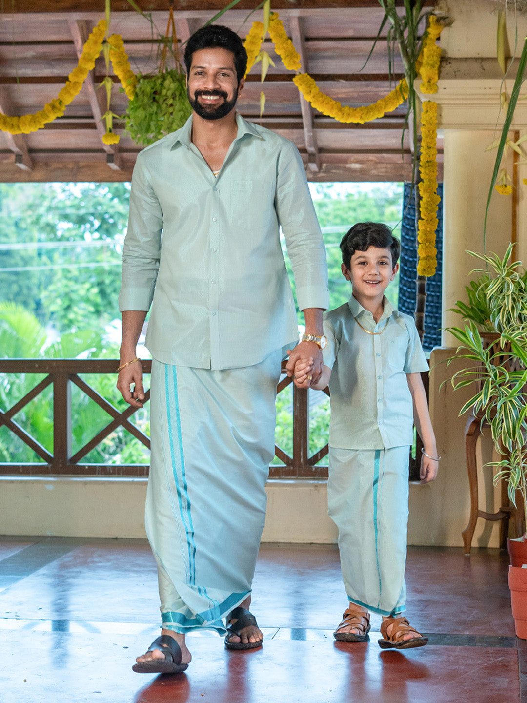 Father & Son Mint Blue Color Tissue Shirt with Jari Dhoti Combo