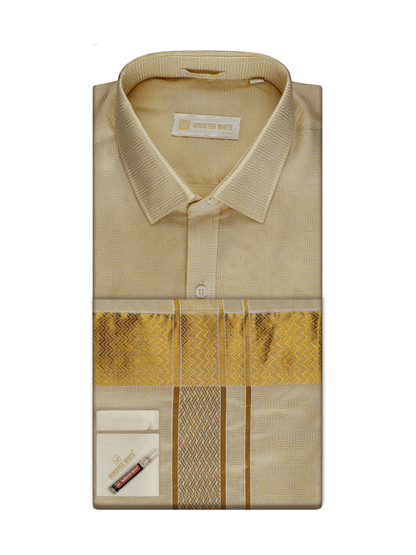Men's Art Silk Fawn Jacquard Full Sleeves Shirt with 2 1/2"  Gold Jari Border & Towel Dhoti Combo Nautica