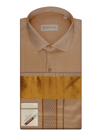 Men's Art Silk Biscuit Jacquard Full Sleeves Shirt with 2 1/2" Gold Jari Border & Towel Dhoti Combo Nautica