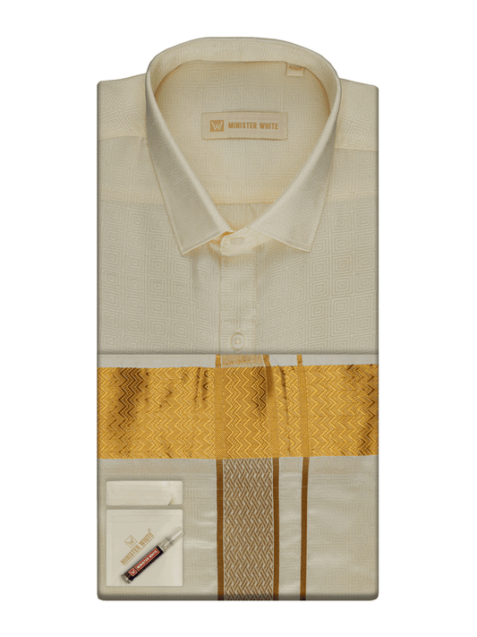 Men's Art Silk Cream Jacquard Full Sleeves Shirt with 2 1/2" Jari Border Dhoti Combo Nautica