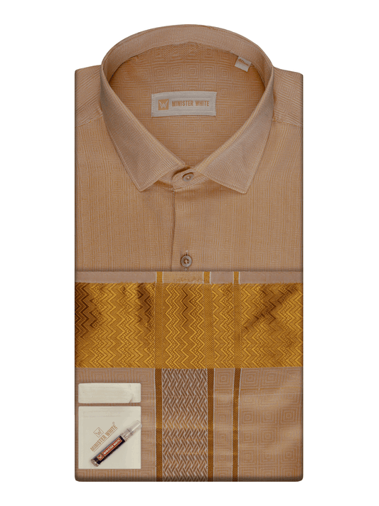 Men's Art Silk Biscuit Jacquard Full Sleeves Shirt with 2 1/2" Jari Border Dhoti Combo Nautica