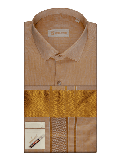 Men's Art Silk Biscuit Jacquard Full Sleeves Shirt with 2 1/2" Gold Jari Border & Towel Dhoti Combo Nautica