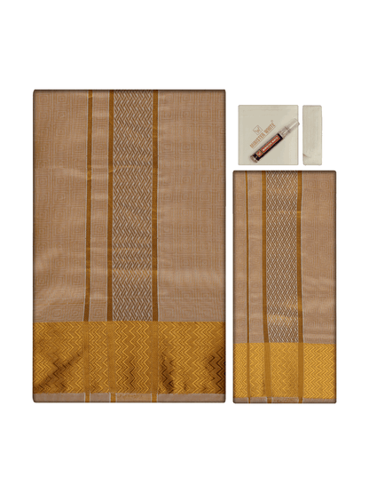 Men's Art Silk Biscuit Jacquard Full Sleeves Shirt with 2 1/2" Gold Jari Border & Towel Dhoti Combo Nautica