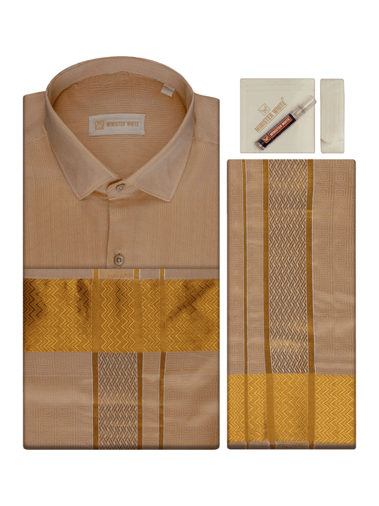 Men's Art Silk Biscuit Jacquard Full Sleeves Shirt with 2 1/2" Gold Jari Border & Towel Dhoti Combo Nautica