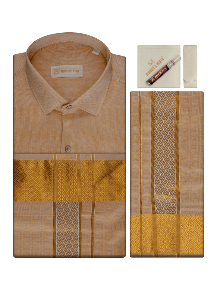 Men's Art Silk Biscuit Jacquard Full Sleeves Shirt with 2 1/2" Gold Jari Border & Towel Dhoti Combo Nautica