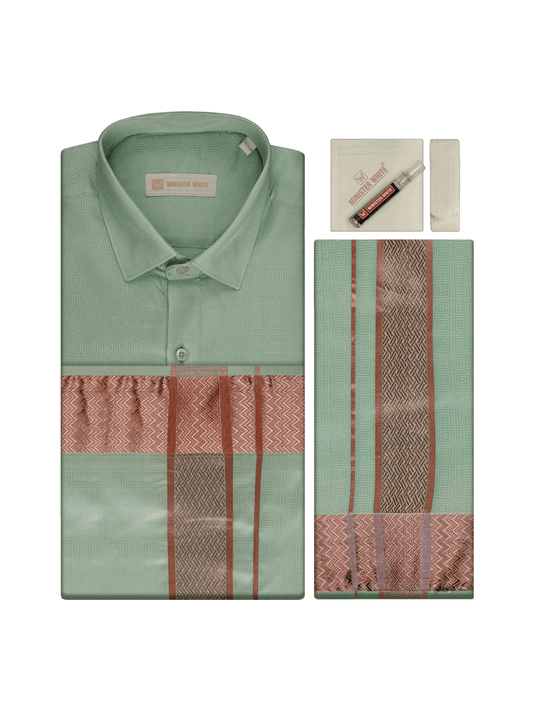 Men's Art Silk Half White Jacquard Full Sleeves Shirt with 2 1/2" Copper Jari Border & Towel Dhoti Combo Nautica