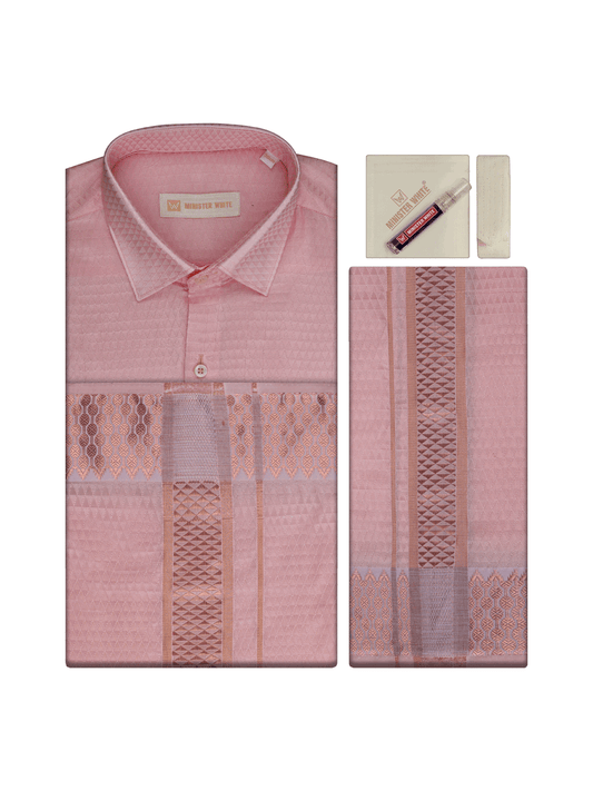 Men's Art Silk Pink Jacquard Full Sleeves Shirt with 2 1/2"  Copper Jari Border & Towel Dhoti Combo Nautica