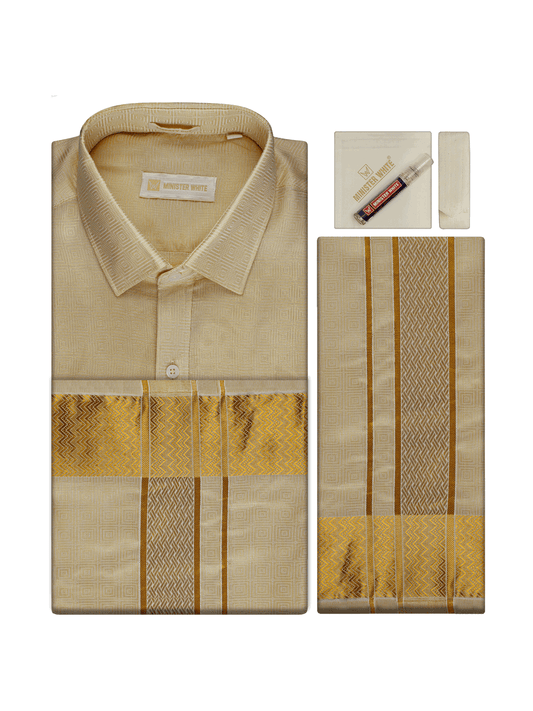Men's Art Silk Fawn Jacquard Full Sleeves Shirt with 2 1/2"  Gold Jari Border & Towel Dhoti Combo Nautica