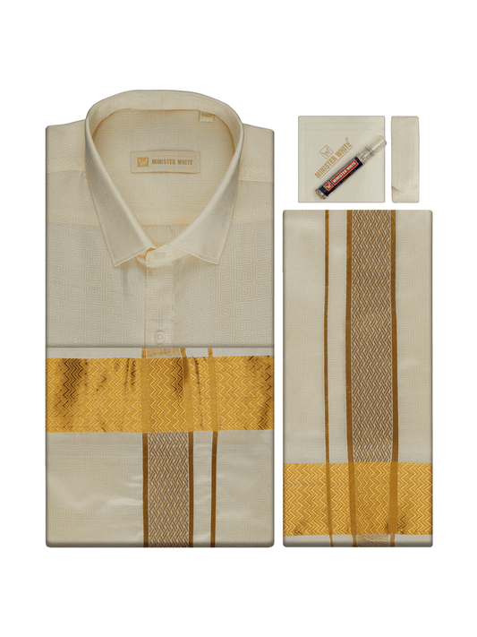 Men's Art Silk Cream Jacquard Full Sleeves Shirt with 2 1/2" Gold Jari Border & Towel Dhoti Combo Nautica