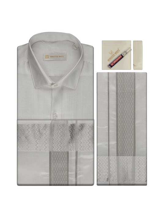 Men's Art Silk Half White Jacquard Full Sleeves Shirt with 2 1/2" Silver Jari Border & Towel Dhoti Combo Nautica