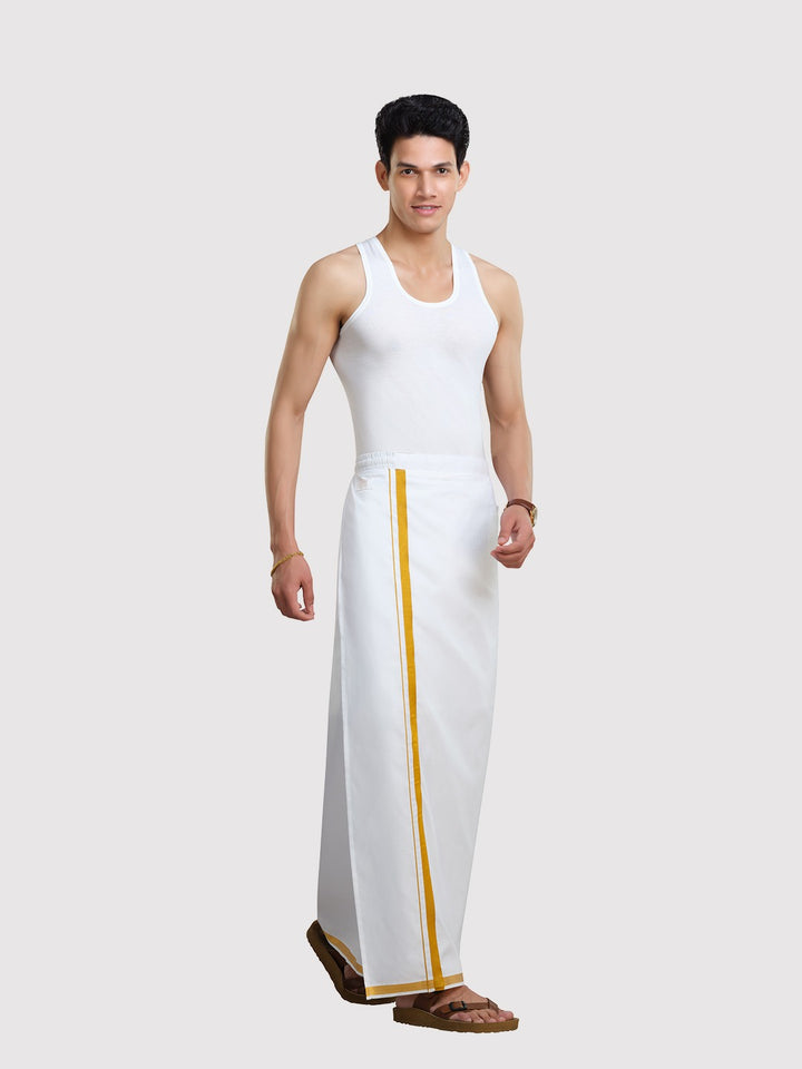 Men's Easy to Wear Flexi 2.0 White Gold Jari Side Elastic Dhoti with Pocket