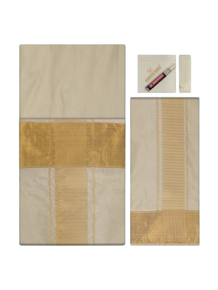 Men's Premium Art Silk Cream Gold Shirt Bit with 4" Gold Jari Border Dhoti Towel Combo Tilak