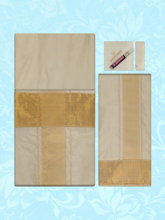 Men's Premium Art Silk Cream Gold Shirt Bit with 4" Gold Jari Border Dhoti Towel Combo Tilak