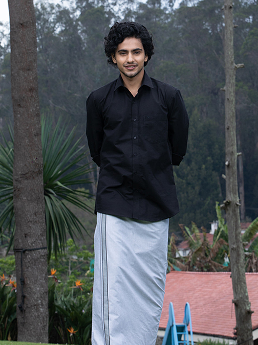 Mens Cotton Black Shirt with Matching Border Dhoti Combo