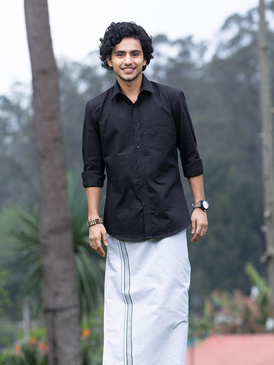 Mens Cotton Black Shirt with Matching Border Dhoti Combo