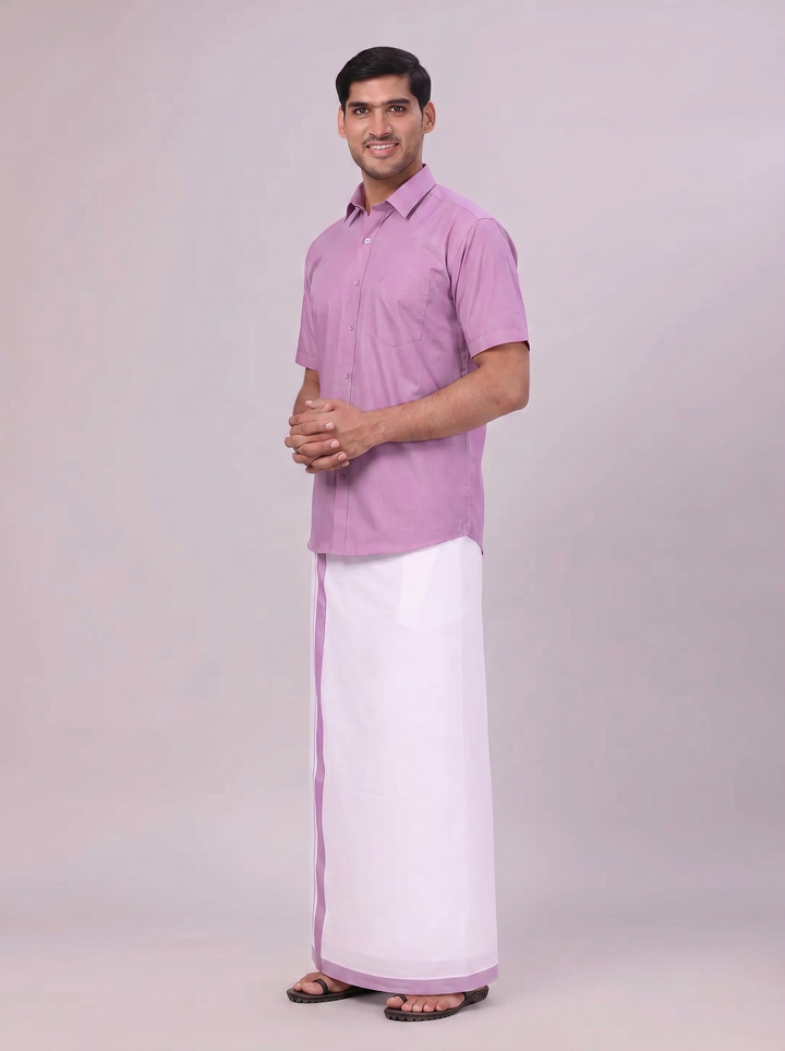 Mens Light Purple Color Shirt with Matching Border Dhoti Combo Casper