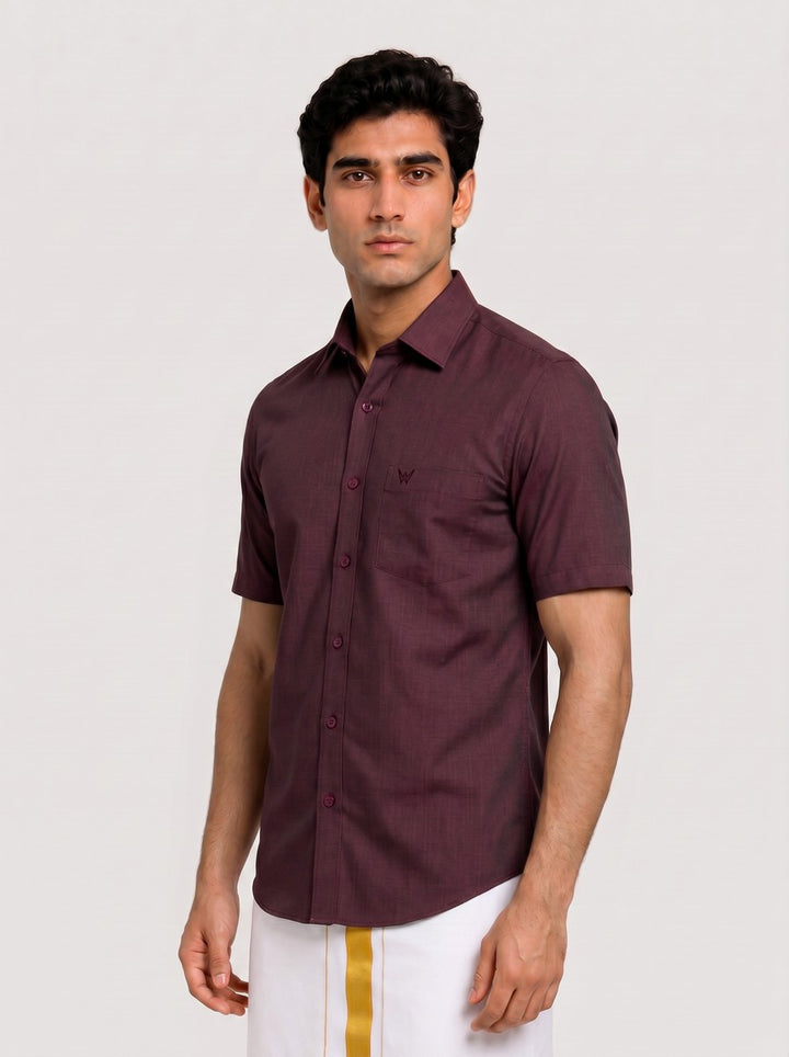 Mens Cotton Wine Colour Regular Fit Shirt Glance