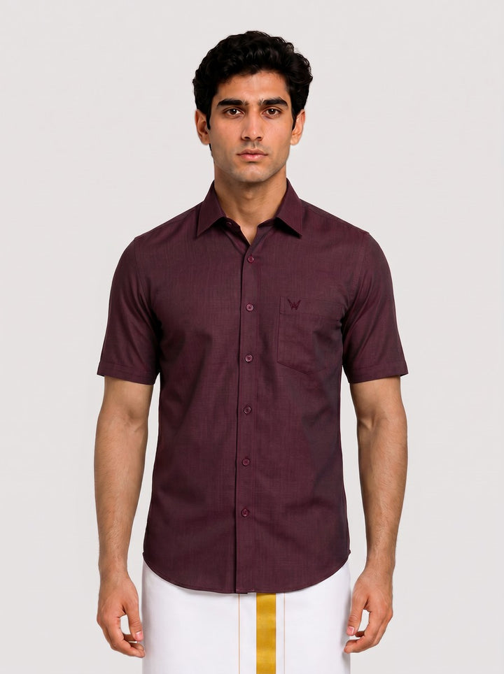 Mens Cotton Wine Colour Regular Fit Shirt Glance