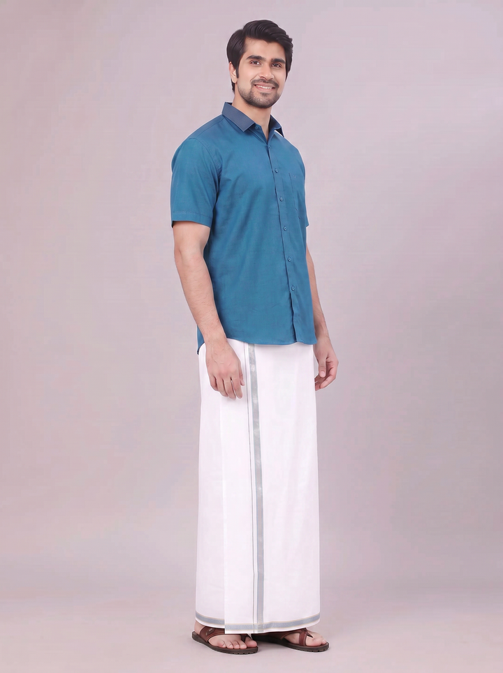 Men's Peacock Shirt with Matching Border Dhoti Combo Pinto