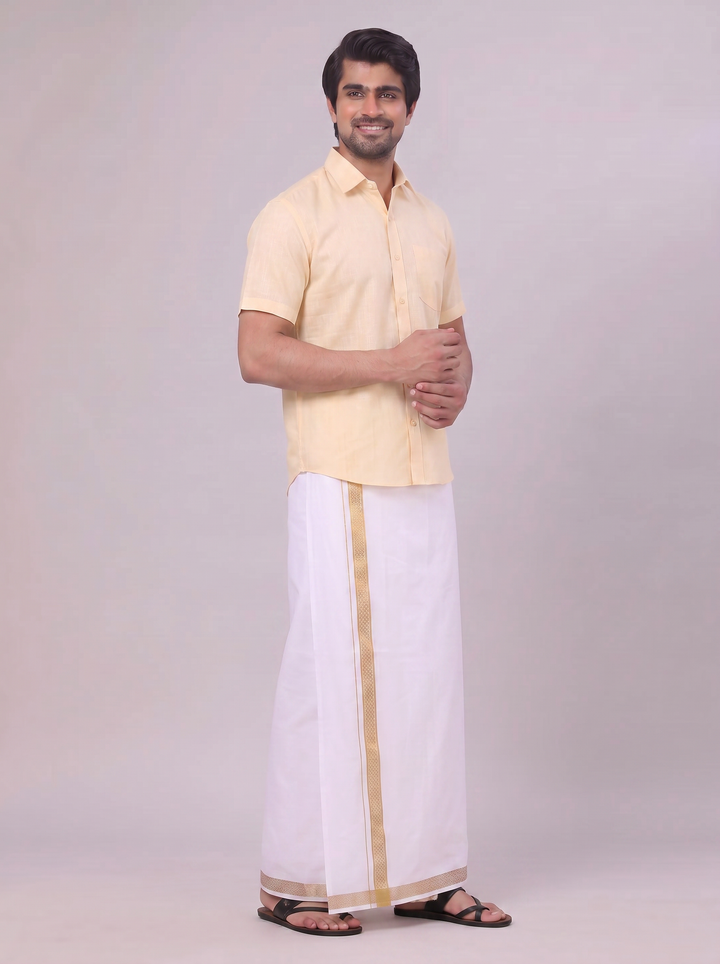 Mens Sandal Shirt with Matching jacquard Weave Border Dhoti Combo Marsh