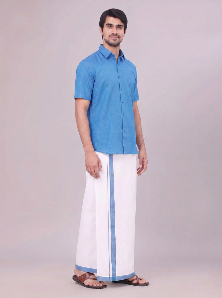Mens Blue Colour Shirt with Matching Fancy Border Dhoti Combo Lemax