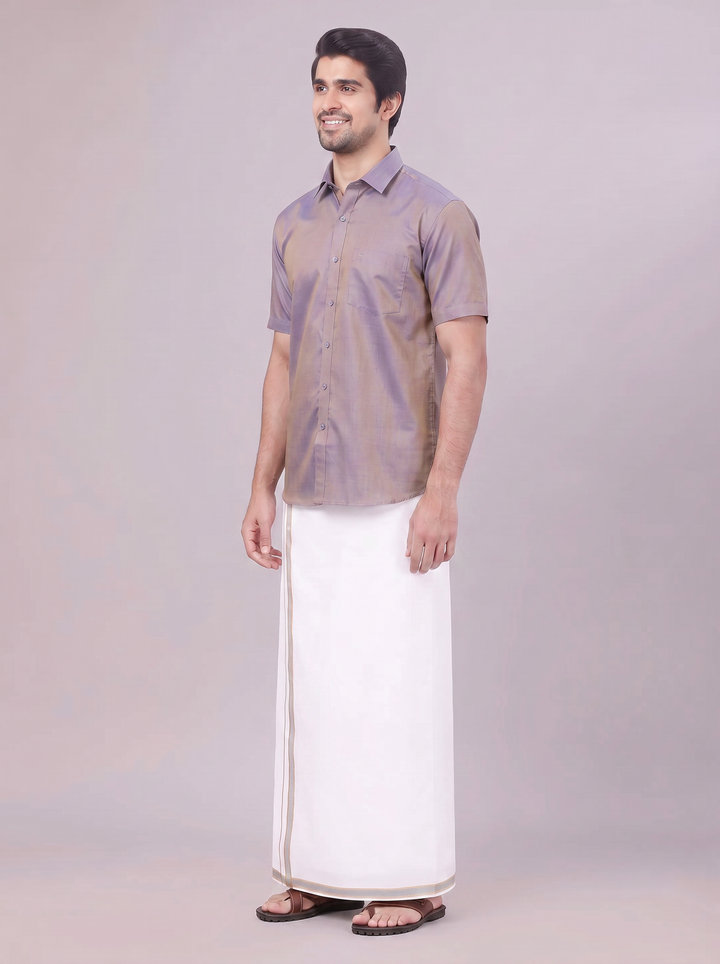 Men's Ash Grey Shirt with Matching Border Dhoti Combo Pinto