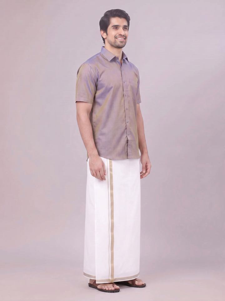 Men's Ash Grey Shirt with Matching Border Dhoti Combo Pinto