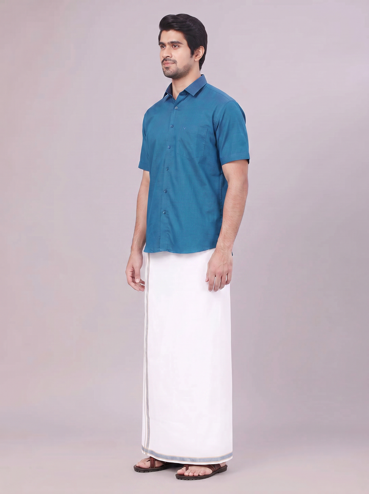 Men's Peacock Shirt with Matching Border Dhoti Combo Pinto
