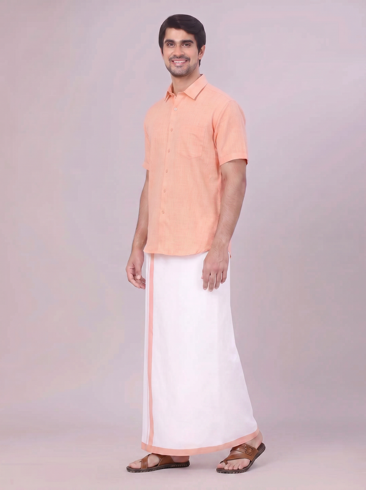 Mens Peach Colour Shirt with Matching Fancy Border Dhoti Combo Lemax