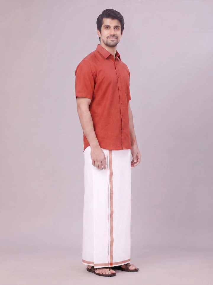 Men's Crimson Red Shirt with Matching Border Dhoti Combo Pinto