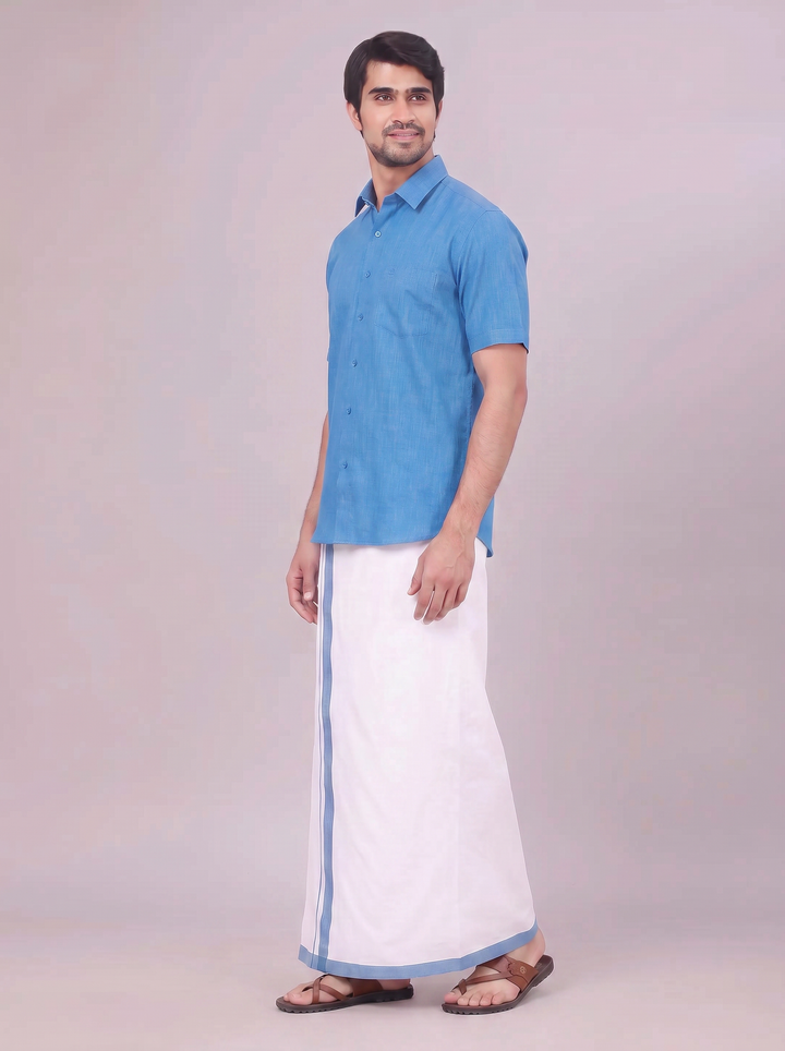 Mens Blue Colour Shirt with Matching Fancy Border Dhoti Combo Lemax