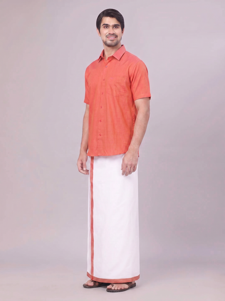 Mens Dark Brick Colour Shirt with Matching Fancy Border Dhoti Combo Lemax