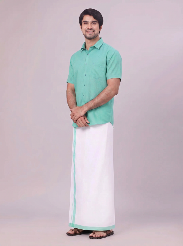 Men's Mint Blue Color Shirt with Matching Fancy Border Dhoti Combo Lemax