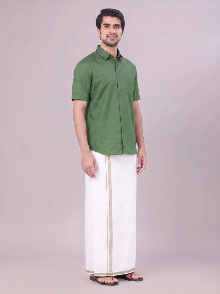 Men's Dark Green Shirt with Matching Border Dhoti Combo Pinto