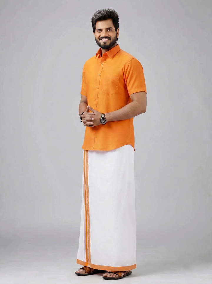 Men's Cotton Orange Matching Shirt with Fancy Printed Border Dhoti Combo Luster Trend