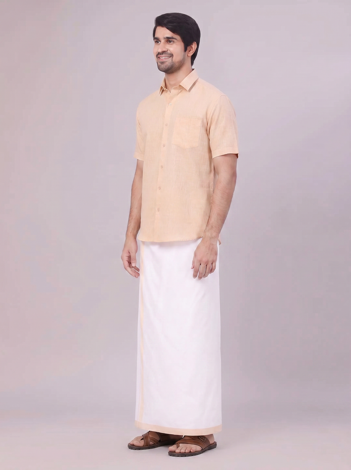 Mens Light Sandal Colour Shirt with Matching Fancy Border Dhoti Combo Lemax