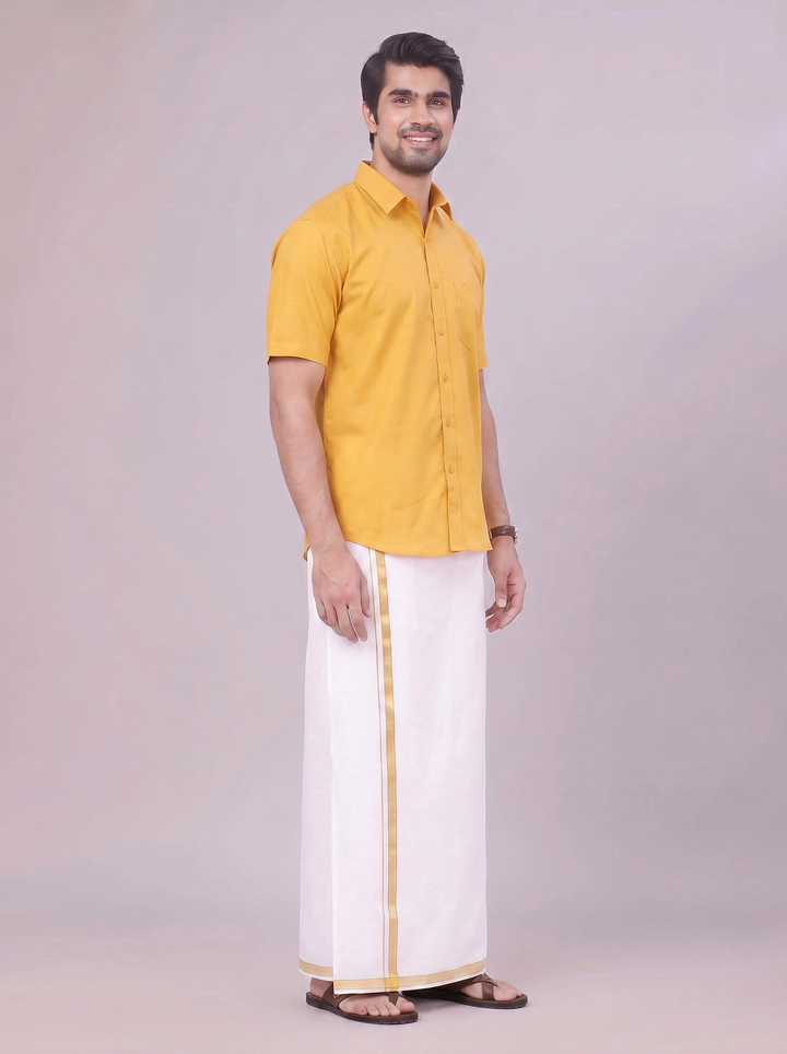 Men's Yellow Shirt with Matching Border Dhoti Combo Pinto