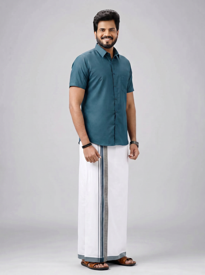 Men's Cotton Dark Green Matching Shirt with Fancy Printed Border Dhoti Combo Luster Trend