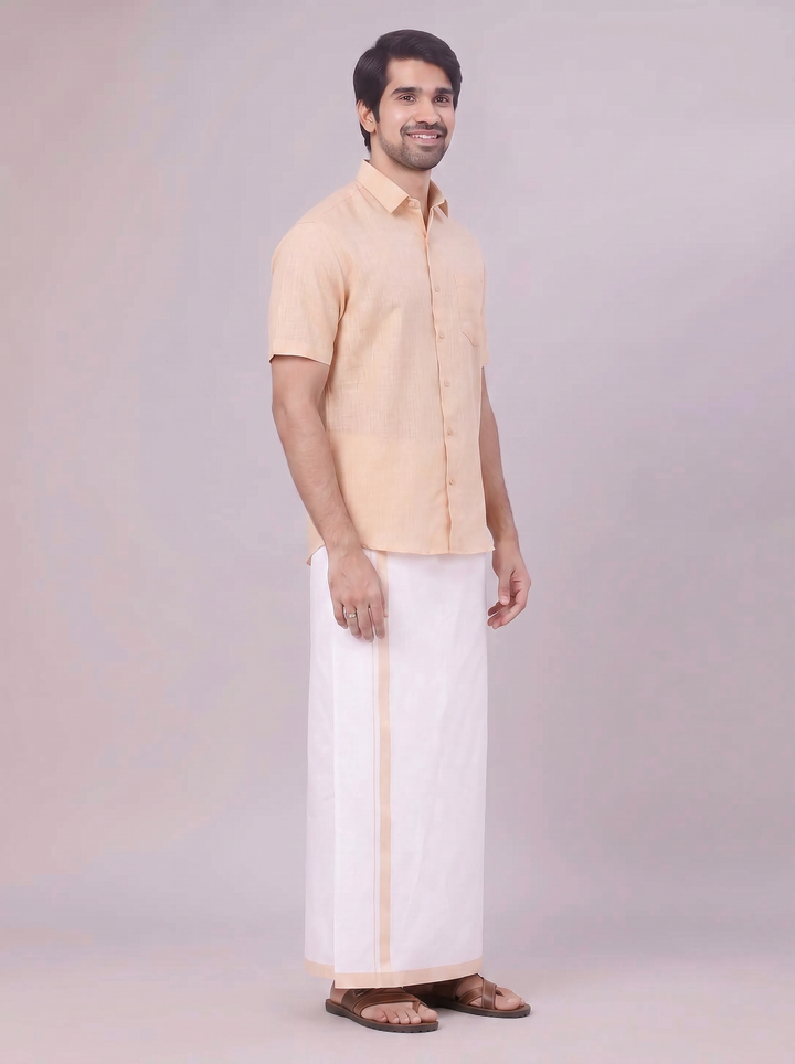 Mens Light Sandal Colour Shirt with Matching Fancy Border Dhoti Combo Lemax
